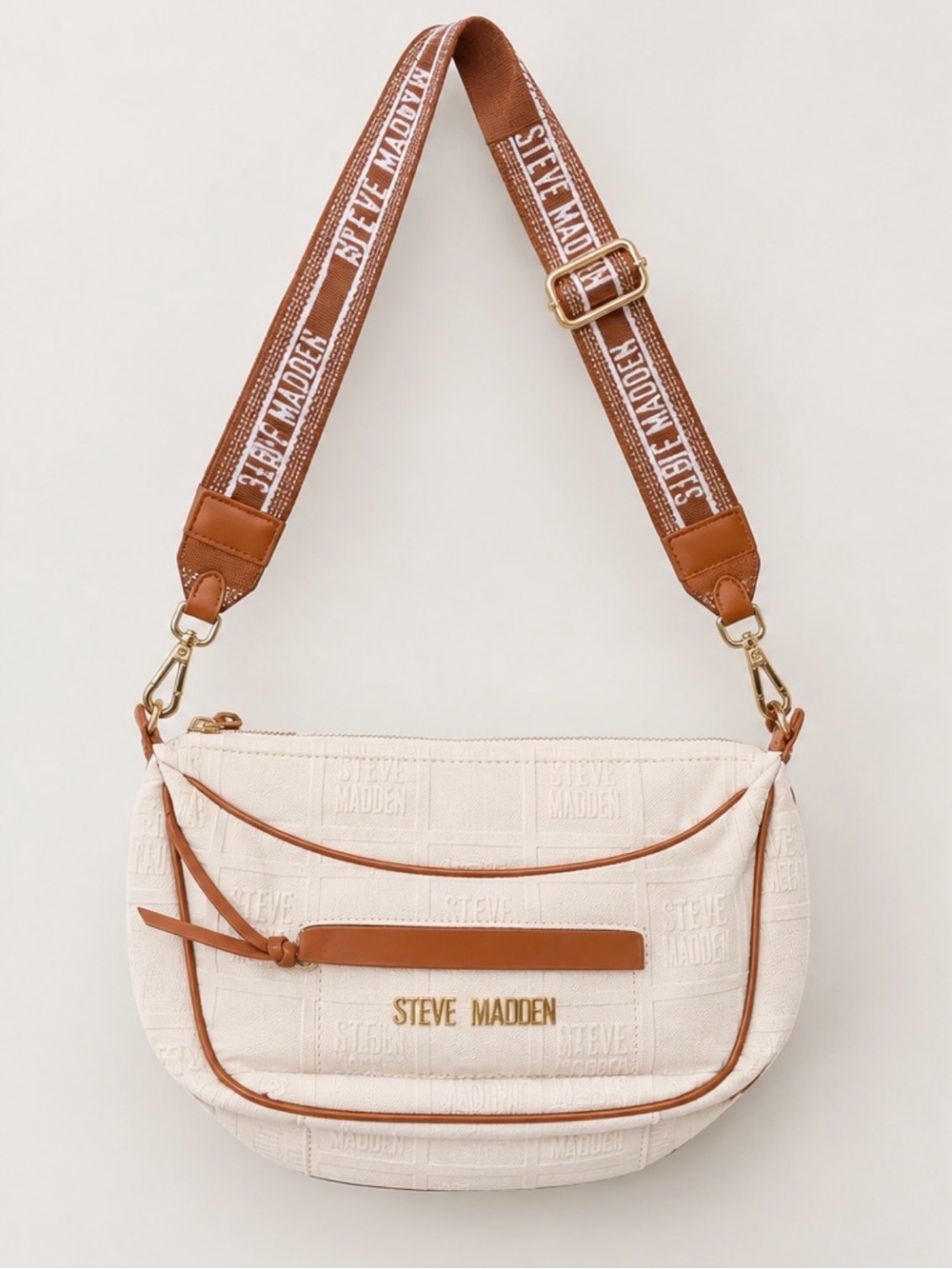 Steve Madden Logo Embossed Crescent Crossbody Bag - Cream & Cognac/Tan NWOT